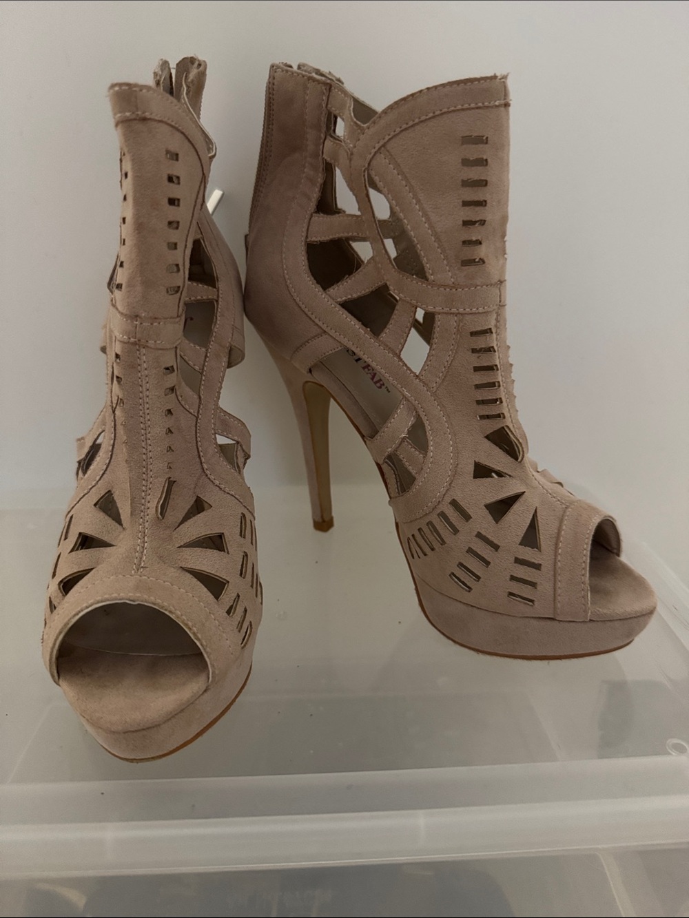 JustFab Taupe Cutout Peep-Toe Stiletto Sandals